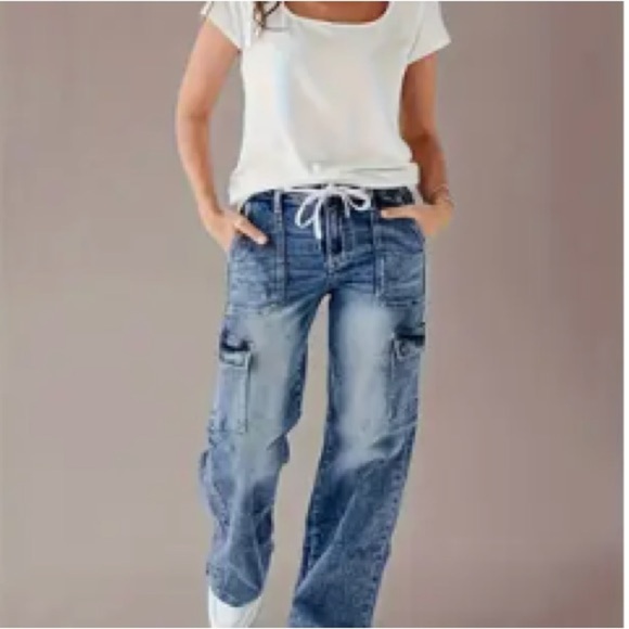 Blue Flare Wide Leg Jeans with Distressed Details - Picture 1 of 1